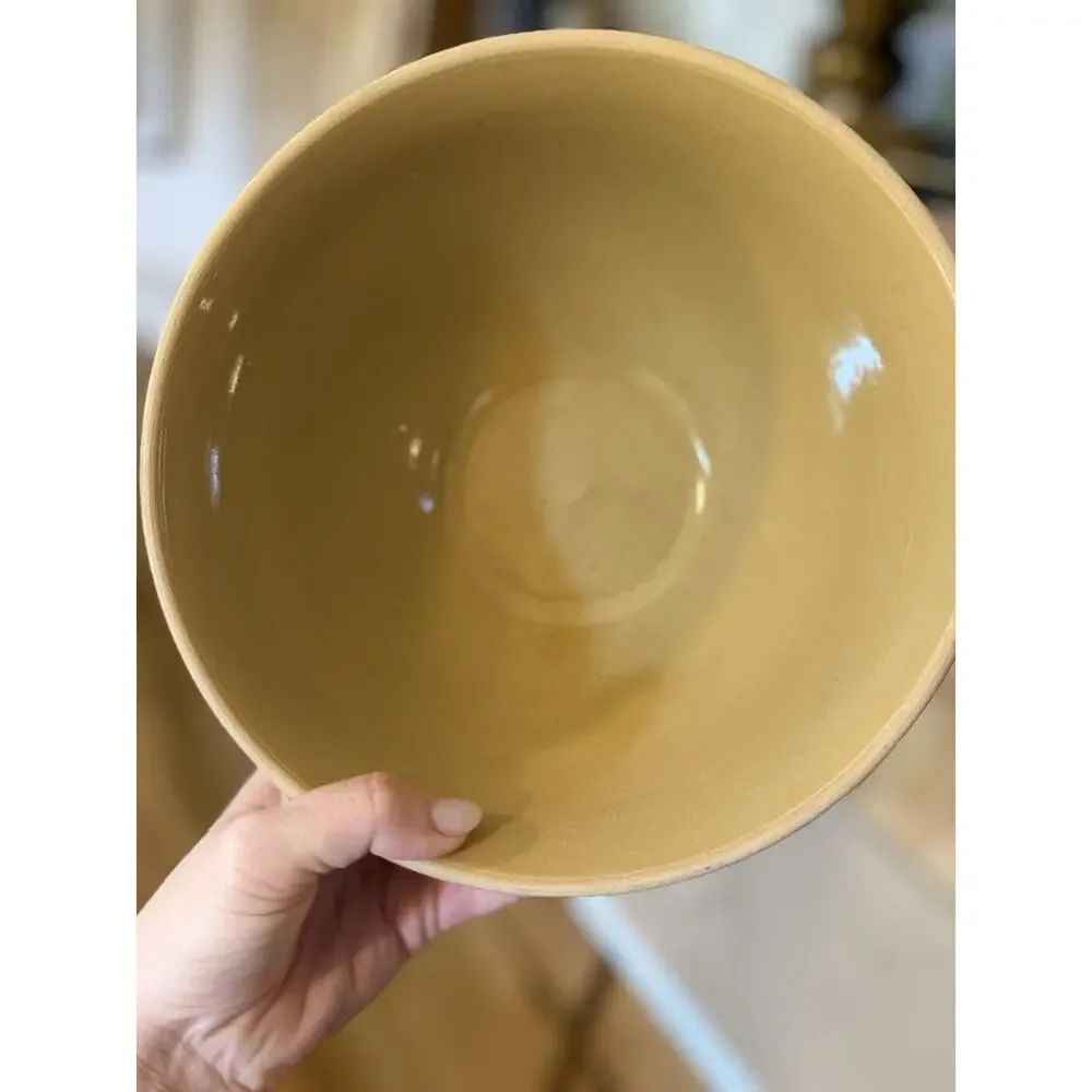 Estate Over and Back 9” Yellow Ware Mixing Bowl with Blue and Pink Stripes